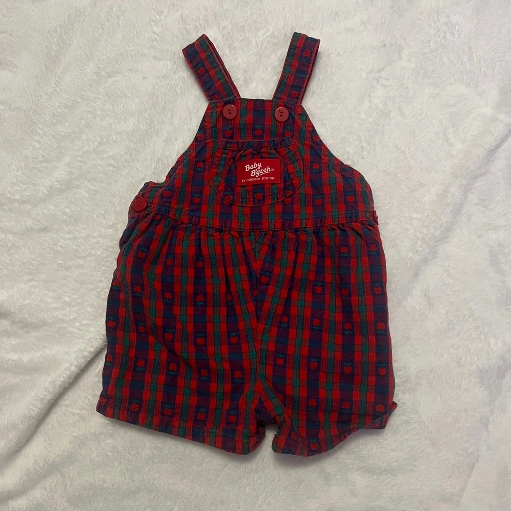 Vintage Baby OshKosh B'gosh Plaid Apple Vestbak Shortalls Red Blue 6-9M